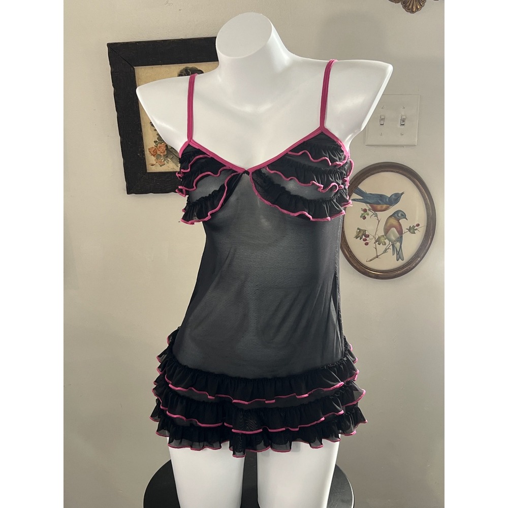 100% Babe Vintage Y2K Black & Pink Ruffle Lingerie Set Size M